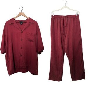 Murano 100% Silk Men's Red Button Up Short Sleeve Shirt & Pants Pajama Set Sleep